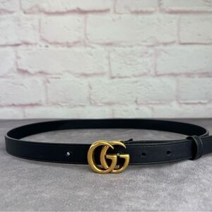 Authentic Gucci Black Leather Slim GG Marmont Belt 409417 80/32